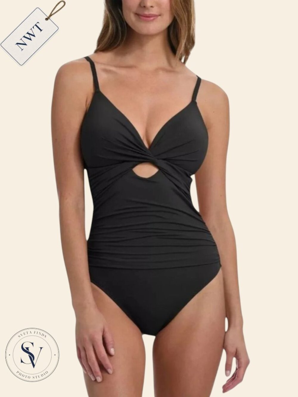NWT La Blanca Twist Front Keyhole One Piece Swimsuit Black Size 12